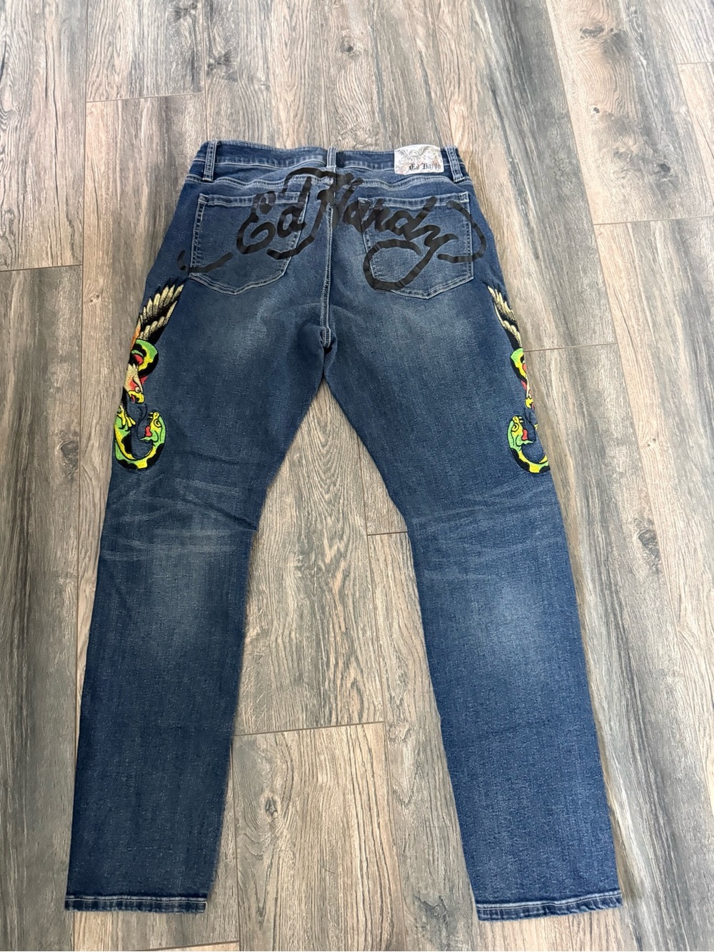 Ed Hardy Men's Dark Blue Jeans with Neon Embroidered Serpents